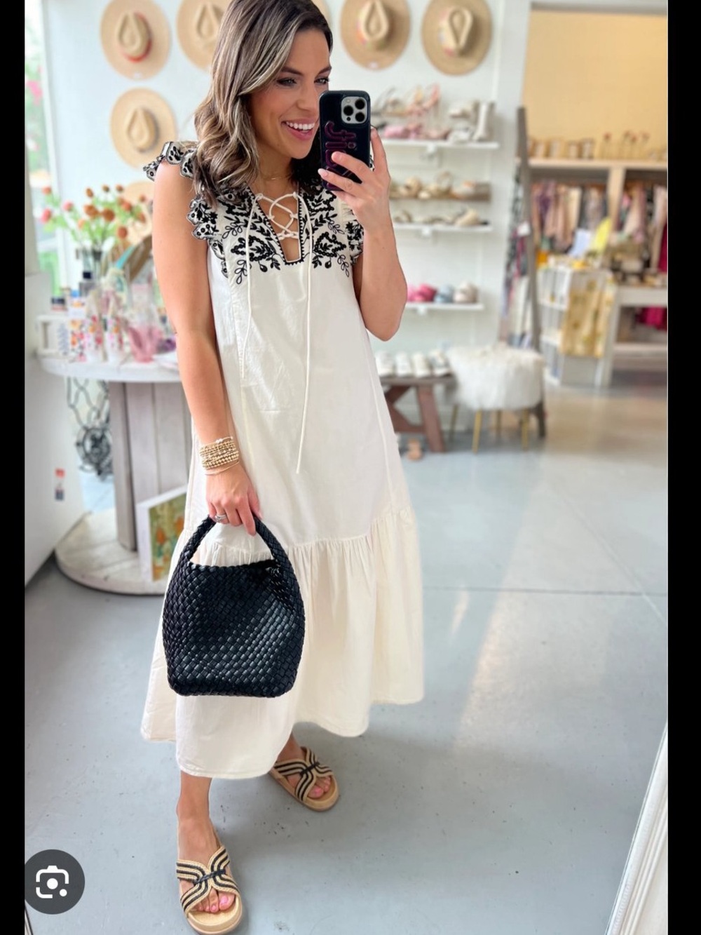 Elan Madison Cream Maxi Dress with Black Embroidered Yoke